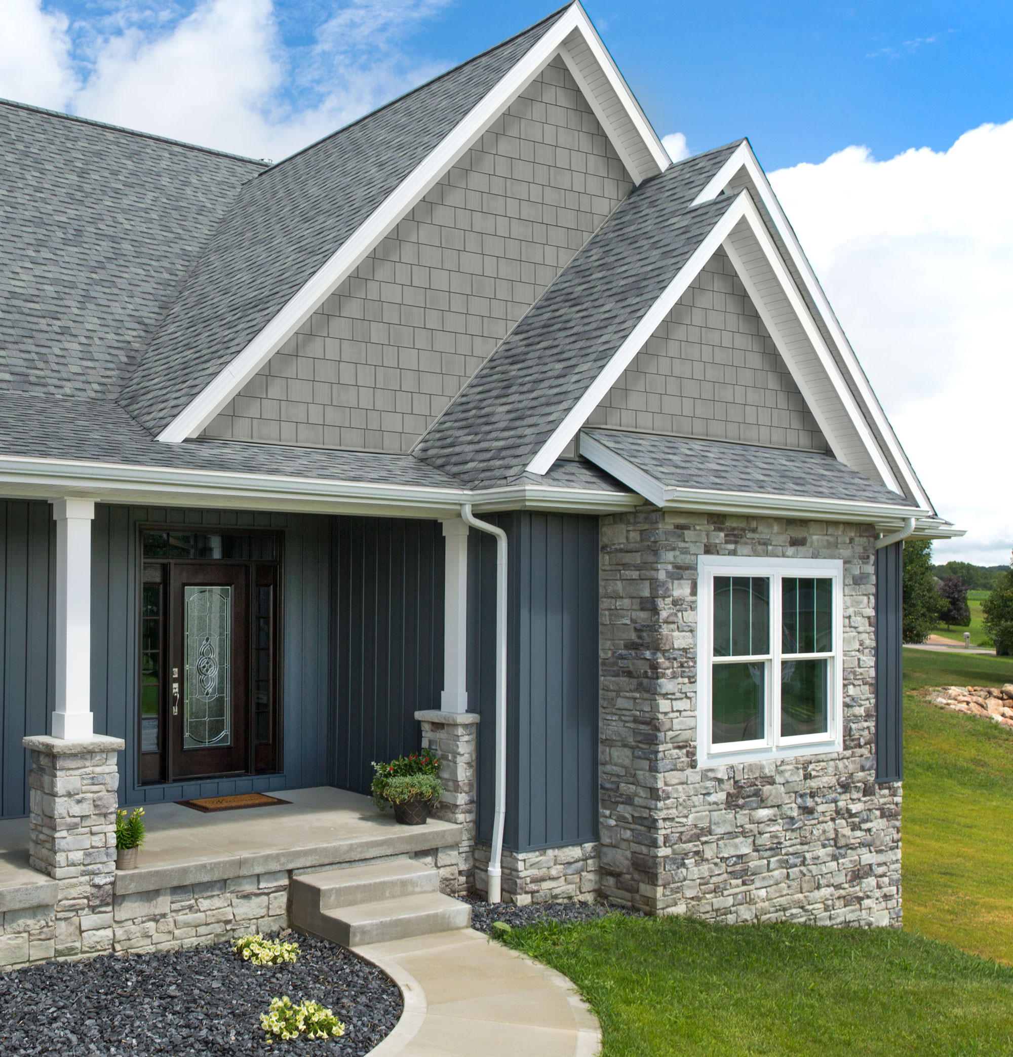 ProVia vinyl siding with Single 7 rough sawn shingles and Harbor Mill detail