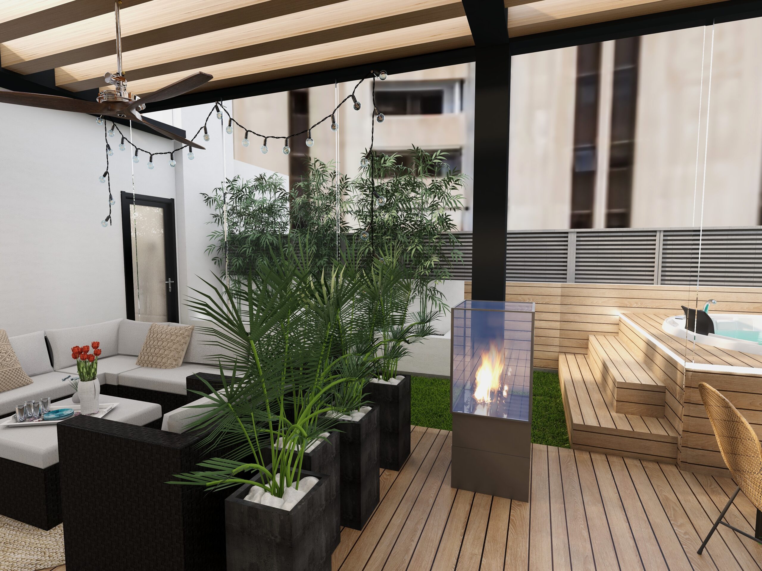 Patio with glass walls, tan furniture, and a wooden table